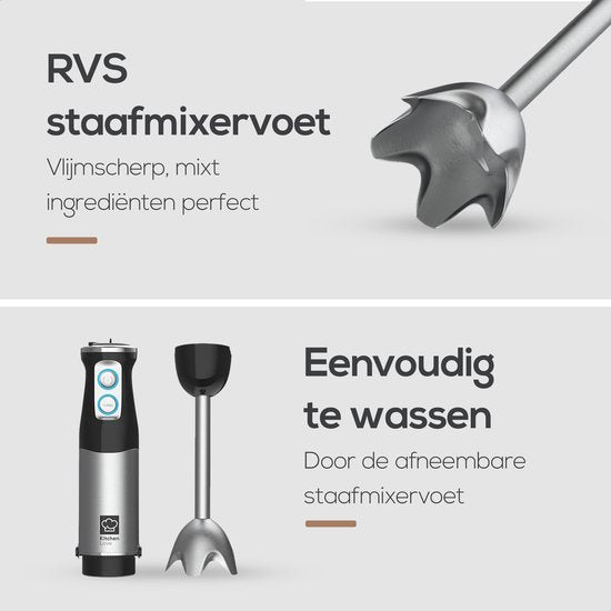 KitchenLove Staafmixer - 800W - 6 Snelheden + Turbo - Zwart/RVS