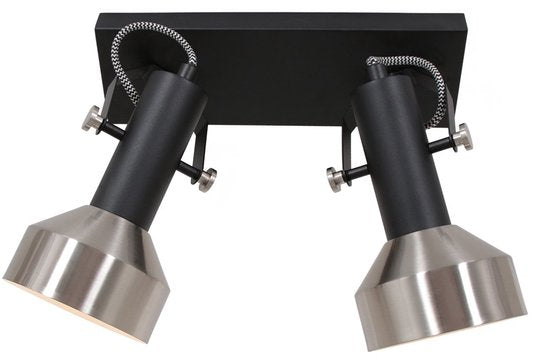 Spot plafondlamp Acier 3338ZW Zwart 2 x E27 fitting, Draaibaar en kantelbaar, Kunststof en Metaal, Modern, Mexlite