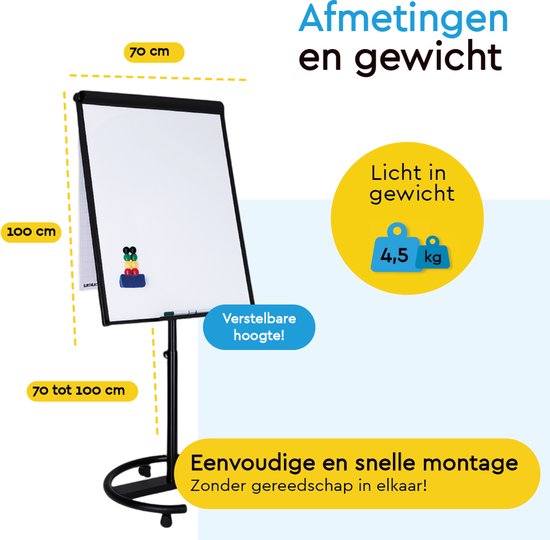 BRASQ Flipover Verrijdbaar Deluxe -70x100 cm - Verstelbaar Whiteboard - Inclusief 25 vellen papier en accessoires - met Uitschuifbare Armen - Magnetisch bord met Haken - Magneetbord - Zwart