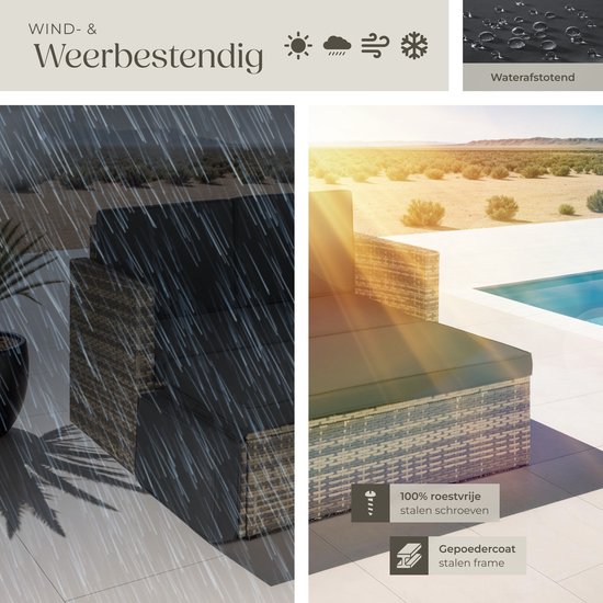 tectake® Wicker loungebank - Met voetenbank - Voor 2 personen - Loungebank met zit- en rugkussens - Weerbestendig - Ideaal voor terras, serren en balkon - Afmeting bank (LxBxH) 119 x 64,5 x 71,5 cm - Natuur