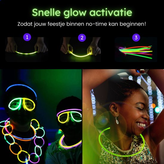 Partizzle 300 stuks Glow in the Dark Sticks - Extra Dik - Incl. Glowsticks Connectors - Breekstaafjes - Neon Carnaval Party Artikelen - Verjaardag Nieuwjaar Feest Versiering - 7 Kleuren