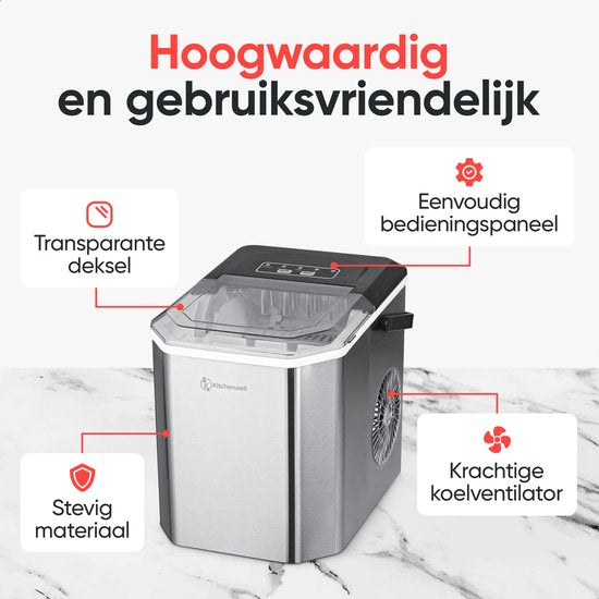 Kitchenwell IJsblokjesmachine - 1.3L - IJsblokjesmaker - IJsschep – 12kg/24 uur - Draagbaar - Zelfreinigingsfunctie - RVS