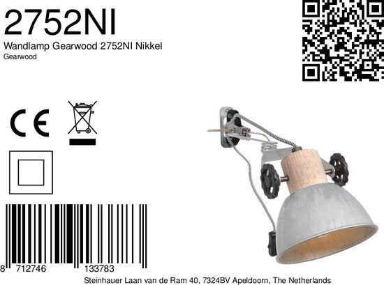 Klemspot en wandlamp Gearwood 2752NI Nikkel E27 fitting, trendy ontwerp, gemaakt van hout en metaal, voor binnengebruik, draaibaar en kantelbaar