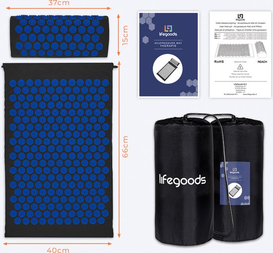 LifeGoods Acupressuur Mat met Kussen - Shakti mat - Spijkermat Incl. 2x Triggerpoint Bal - 66x40x2cm - Zwart/Blauw