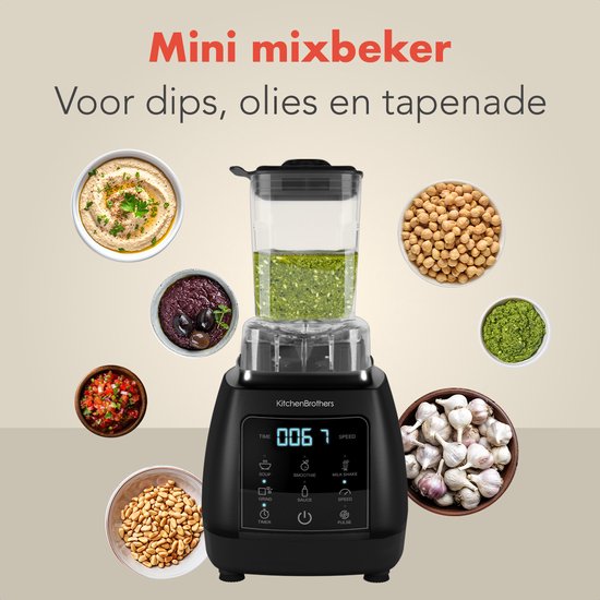 KitchenBrothers 2-in-1 Power Blender - 1600W - 2L - Complete Set met Hakmolen en To-go Beker - Smoothie Maker - IJscrusher - Zwart