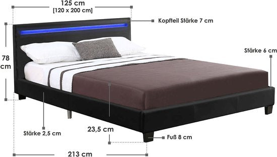 Gestoffeerd bed Verona - 120 x 200 cm - Zwart - LED Verlichting