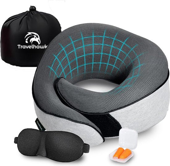 Travelhawk Nekkussen - Luxe Reiskussen - Memory Foam - Nekkussen Vliegtuig, Auto, Bus, Trein en Camping - Nek Kussens - Grijs
