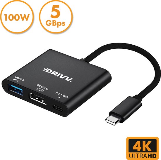Drivv. USB C naar HDMI Adapter 3 in 1 - HDMI 4K 60hz - USB 3.0 - PDW 100w - Zwart