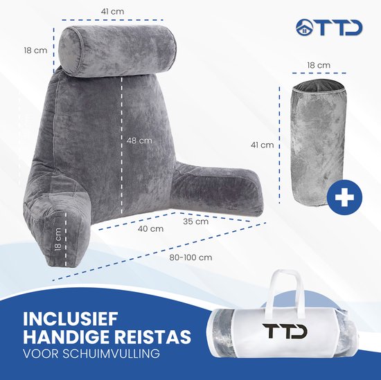 TTD® Premium XXL Leeskussen met Nekrol - Bookseat - Leeskussen voor in Bed - Ergonomisch Zitkussen met Verstelbare Vulling - Boekkussen - Inclusief Extra Minikussen - Fluweelzacht - Wasbare Hoes