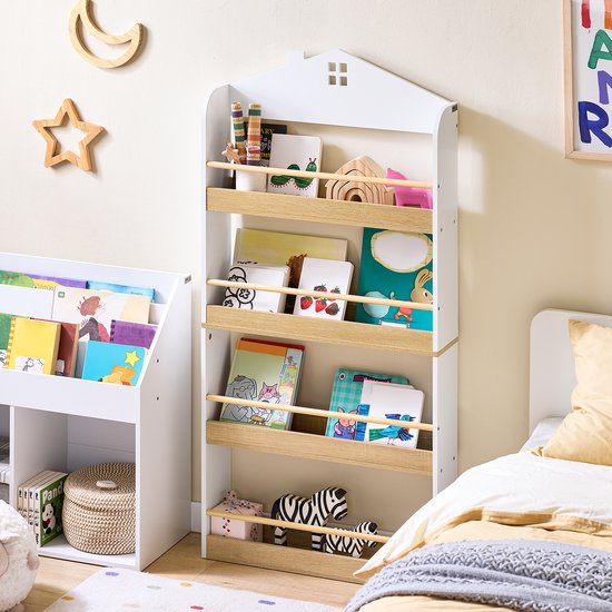 SoBuy KMB121-WN Boekenkast voor kinderen, 4 niveaus, meubels, speelgoed, boekenkast, opbergkast, plank, slaapkamer, wit/naturel, 60 x 15 x 130,5 cm