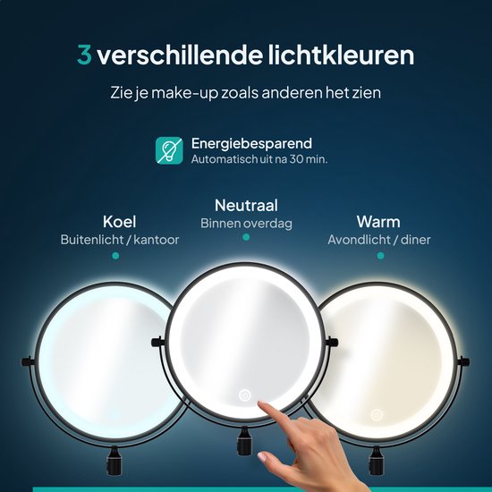 Mirlux Make Up Spiegel met Led Verlichting - Oplaadbaar - 5X Vergroting - Vergrootspiegel met Licht - Scheerspiegel - Badkamerspiegel - Zwart