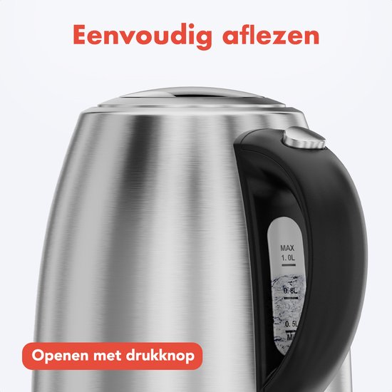 KitchenBrothers Waterkoker - Elektrisch - 1 Liter - Klein Camping Formaat - Reiswaterkoker met Kalkfilter - RVS