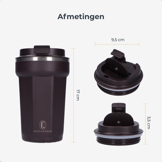Castagnola Thermosbeker - Koffiebeker To Go - Travel Mug voor Koffie en Thee - Theebeker - 380 ML - RVS - Bruin - Octagon