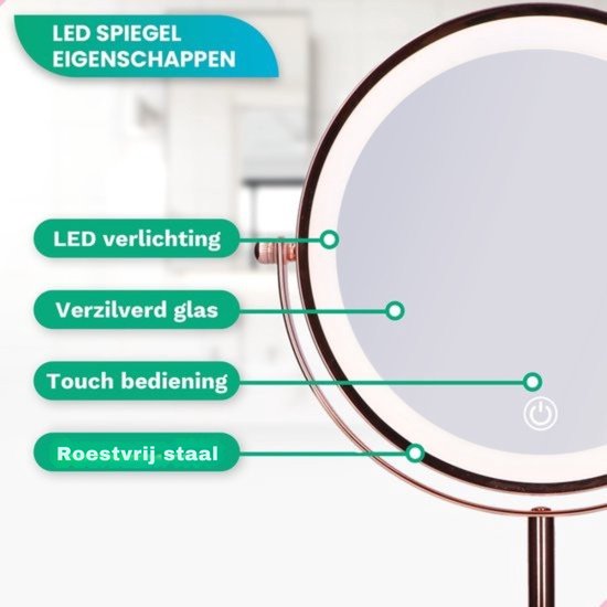 Mirlux Make Up Spiegel met LED Verlichting - 10x Vergroting Licht – Scheerspiegel Klein Op Voet - 3 Lichtstanden - Oplaadbaar - Vergrootspiegel Rosé Goud