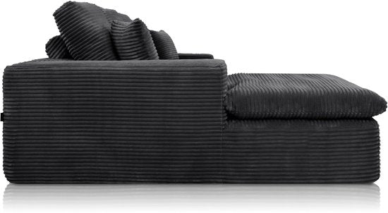 Popsofa Lazy Hoekbank - Velvet Ribstof - 98 x 253 x 80 cm - Zwart