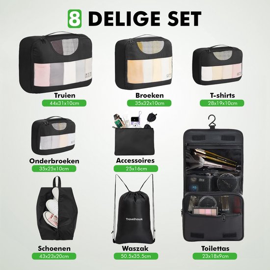 Travelhawk Packing Cubes - Koffer Organizer Set - Kleding - Bagage Organizers - 8 Stuks - Zwart
