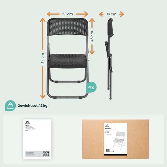 LifeGoods Klapstoelen Set van 4 - Tuinstoelen Inklapbaar - Zwart Rotan Look - Vouwstoelen - 200kg Draagkracht