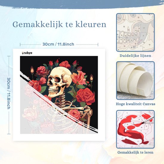 Rubye® Schilderen op Nummer Volwassenen - Schilderen op Nummer Kinderen - Skelet & Rozen – Inclusief Verf en Penselen – Canvas Schildersdoek - Kleuren op Nummer - 30x30cm