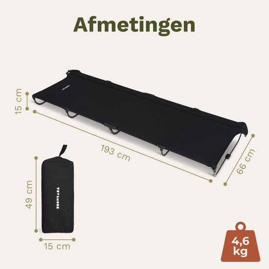 TRVLMORE Veldbed Opvouwbaar - 120KG Draagvermogen - Campingbed Incl. draagtas - Stretcher 1 Persoons - Stalen Frame - 193x66x15 cm - Zwart
