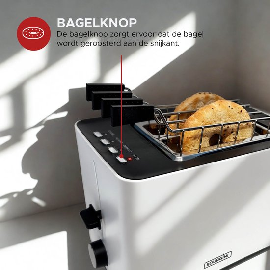Bourgini Tosti Toaster met Bagelfunctie - Broodrooster met Tostiklemmen - Wit- Matte Finish - Extra brede sleuf geschikt voor 2 tosti's