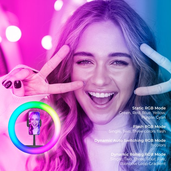 Studio ME Multi Kleuren Ringlamp met Statief - 10 inch/25 cm - RGB Lamp - Ringlight met statief - Bluetooth - Telefoonhouder - Afstandsbediening - USB - TikTok Lamp - Ring Light