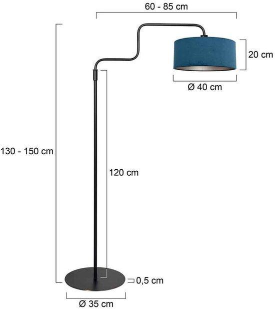Zwarte Vloerlamp Bloeba 4169ZW van Steinhauer met verstelbare hoogte (150-165 cm) en uitrekbare zwenkarm tot 66 cm, metalen basis met blauwe velours kap Ø40cm, trendy design voor binnen.