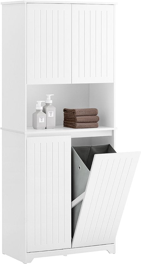 SoBuy BZR150-W Hoge badkamerkast met waszak, badkamerkast met deuren, 2 afneembare wasmanden, verstelbare planken, vakken