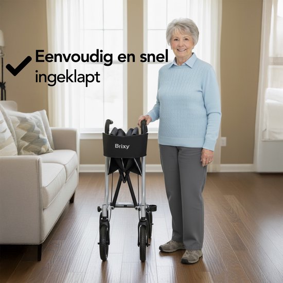 Brixy Rollator - Lichtgewicht En Opvouwbaar - Zitfunctie - Rugleuning, Tas En Wandelstokhouder - Grijs