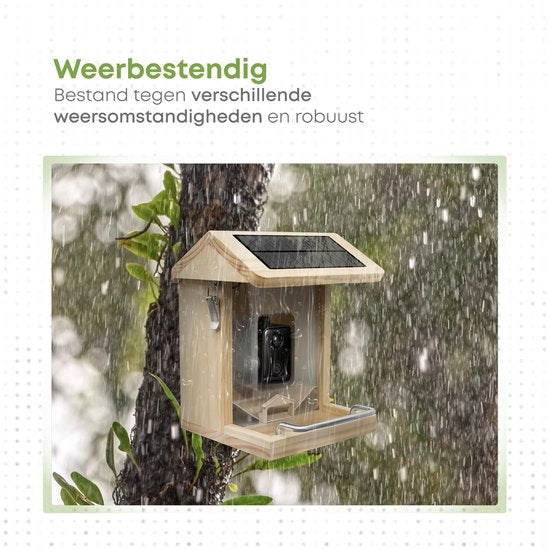 Vogelvoederhuisje - Vogelhuisje met Camera - Hout - AI vogelherkenning - 1080 HD - Audio - Met zonnepaneel
