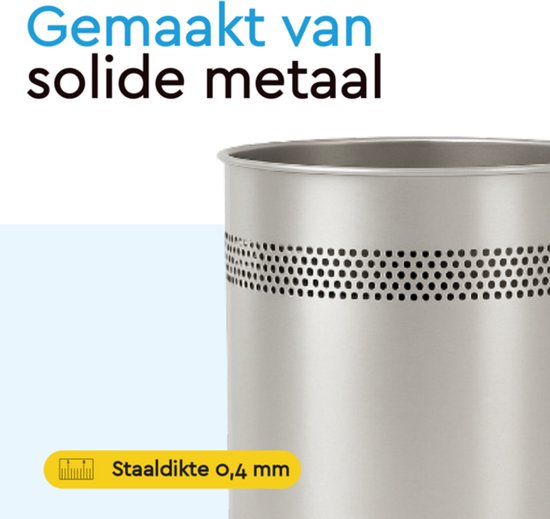 BRASQ Prullenbak Metaal Kantoor/ Thuisgebruik - Vuilnisbak - Afvalemmer - Papierbak - Rond - Prullenbakken - Zilver 15 liter