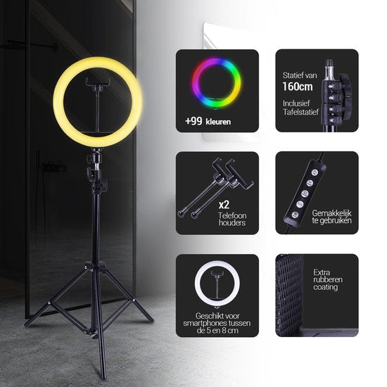Magnify® 10" Ringlamp met Statief - 186cm Hoog - 2 Telefoonhouders - Bluetooth Shutter - TikTok - 99+ Kleuren - Inclusief Mini Statief