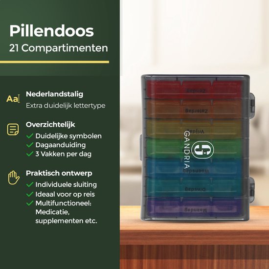 Gandria Pillendoos 7 Dagen - Uitneembaar Pillendoosje - Medicijndoos met 21 Compartimenten - Medicijndoos met Stevige Sluiting - 3 Vakken per Dag - 7 Kleuren