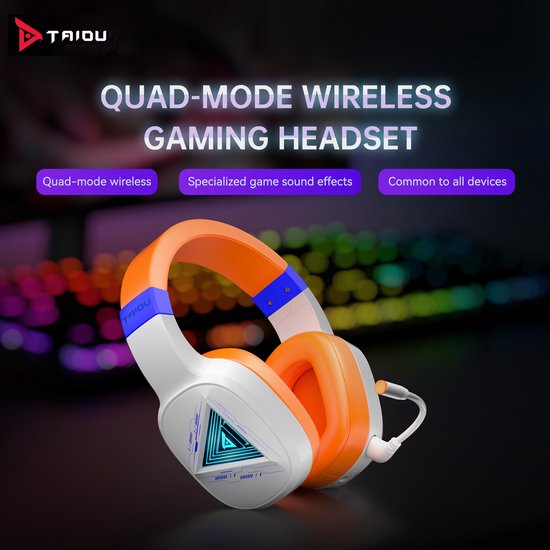 TAIDU THS320Pro - 2.4GHz Draadloze Gaming Headset - Bluetooth koptelefoon - met microfoon - Geschikt voor PS4/PS5, Nintendo Switch - Multiplatform - Wit Oranje