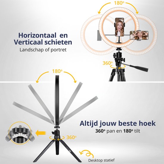 Studio ME Ringlamp met Statief 10 inch - Zwart - Ring Light - 30 Lichtstanden - Incl. Afstandsbediening & Mini Tripod - Ringlight - Ringlampen