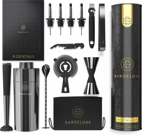 BarDeluxe® Cocktail Set - 12-Delig - Cocktailshaker 750 ml - Roestvrij Staal - Inclusief Luxe Geschenkdoos - Opbergtasje & Receptenboek - Zwart