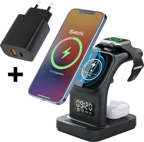 iSetchi MagSafe 5-in-1 Draadloze Oplader (15W USB-C snellader) - Met LED lamp, Digitale klok & Alarm functies - Geschikt voor iPhone, Apple iWatch & Airpods - Draadloos Qi Station - GSM Lader