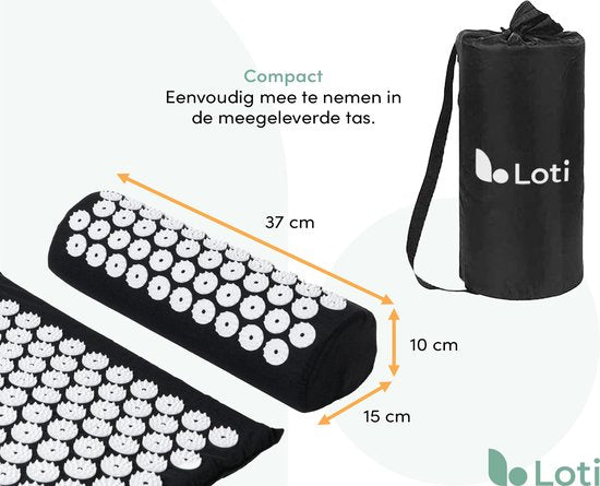 Loti Spijkermat met Spijkerkussen – Zwart/Wit – Acupressuur Mat - Spijkerbed - Acupunctuur Kussen - Shakti Massage – Incl. Draagtas