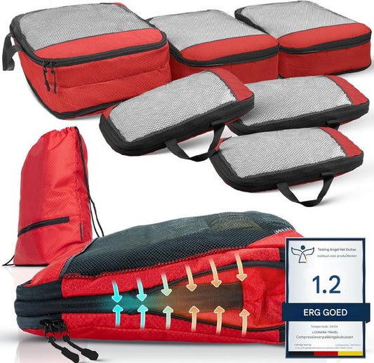 Packing Cubes met compressie voor koffer en rugzak incl. pakzak, Sunset Blaze - Rood