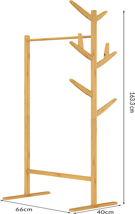 Casaria Kapstok Bamboe - 8 Haken 1 Kledingstang - 164x66x40cm