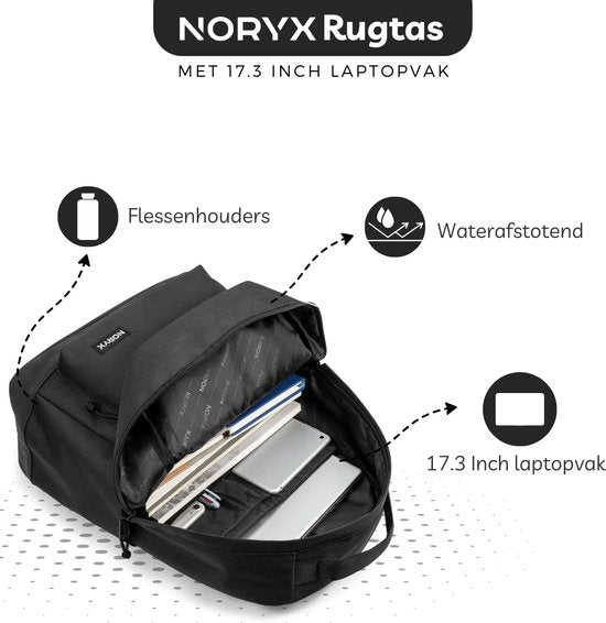 Noryx Origin Rugzak 27L - 15,6 inch - Laptop Rugtas - Schooltas - Heren en Dames - Spatwaterdicht - Zwart