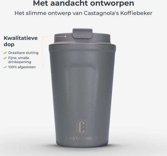 Castagnola Thermosbeker - Koffiebeker To Go - Travel Mug voor Koffie en Thee - Theebeker - 380 ML - RVS - Grijs
