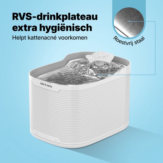 Jake & Jacky Drinkfontein RVS Draadloos Kat en Hond - Met Sensor en Accu - Waterfontein Kat - Kattenfontein - Waterbak - Fluisterstil - Incl. Filter - 2,5L - Wit