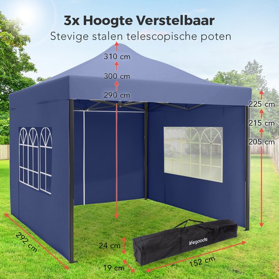 LifeGoods Partytent - Paviljoen - EasyUp - Opvouwbaar - 4 Zijwanden - Waterdicht - Met Draagtas met wieltjes - 3x3 Meter - Donkerblauw