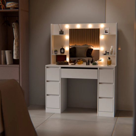 Kaptafel / Schminktafel Malia - Incl. Spiegel en LED - Wit