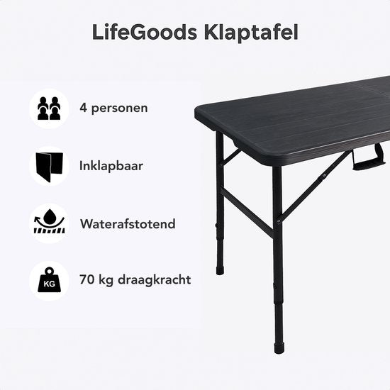 LifeGoods Inklapbare Tafel - 124x61,5 cm - Stevige Klaptafel - Weerbestendig - Inklapbare eettafel - Campingtafel - Vouwtafel voor Binnen en Buiten - Zwart houtnerf