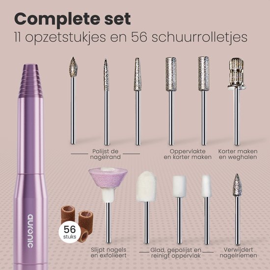 Auronic Elektrische Nagelfrees / Nagelvijl - 11 Bitjes en 56 Schuurrolletjes - Manicure / Pedicure - Roze