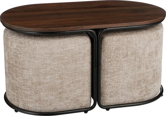 Mica Decorations Salontafel met Poefs - 3-delig - L79 x B45 x H41 cm - Lichtgrijs