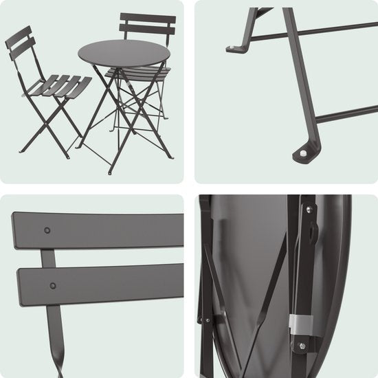 LifeGoods Bistroset - Staal - 3-delig - Tuinset - Inklapbaar - Balkonset met Tafel - Weerbestendig - Donkergrijs