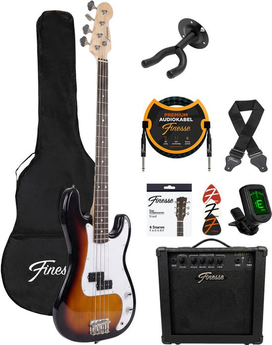 Finesse Elektrische Basgitaar met Versterker - Starterset - Volwassenen - Kind - Sunburst