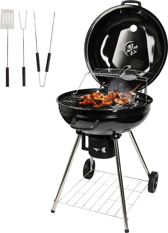 Goliving Houtskool Barbecue - Ø54 cm - Inclusief Accessoires - Houtskoolbarbecues op Wielen - XXL BBQ met Deksel - Rond - 65 x 89 cm - Zwart - Metaal